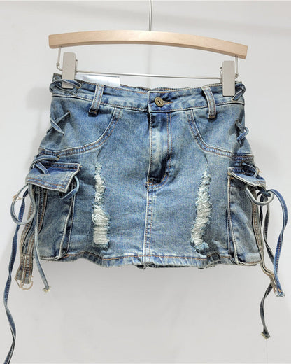 Retro Distressed High-Waisted Ripped Denim Hip-Hugging Skirt Blue