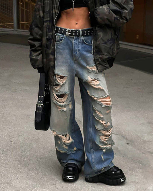 Beggar Style Ripped Hole Washed Loose Straight Jeans Blue