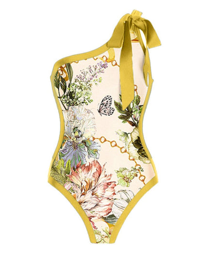 One Shoulder Floral Print One Piece Swimsuit and Skirt Yellow