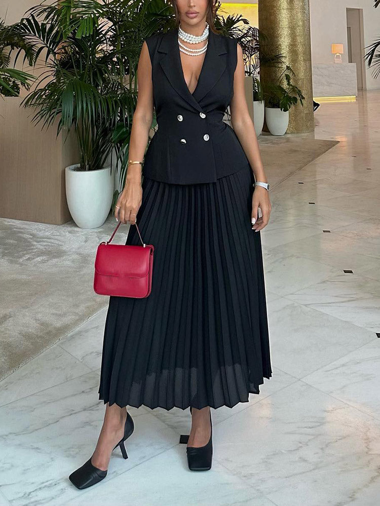 Sleeveless Blazer Pleated Maxi Skirt Set