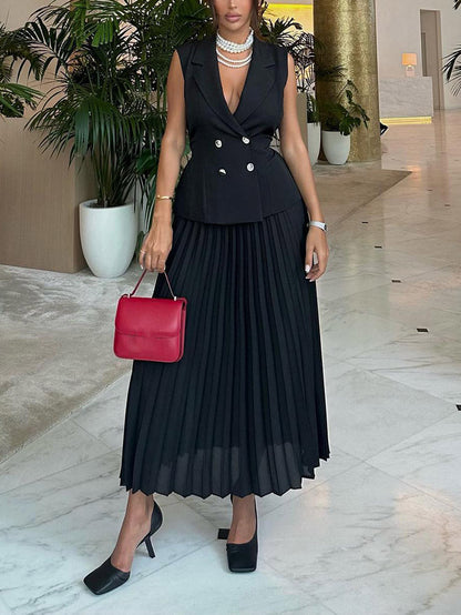 Sleeveless Blazer Pleated Maxi Skirt Set