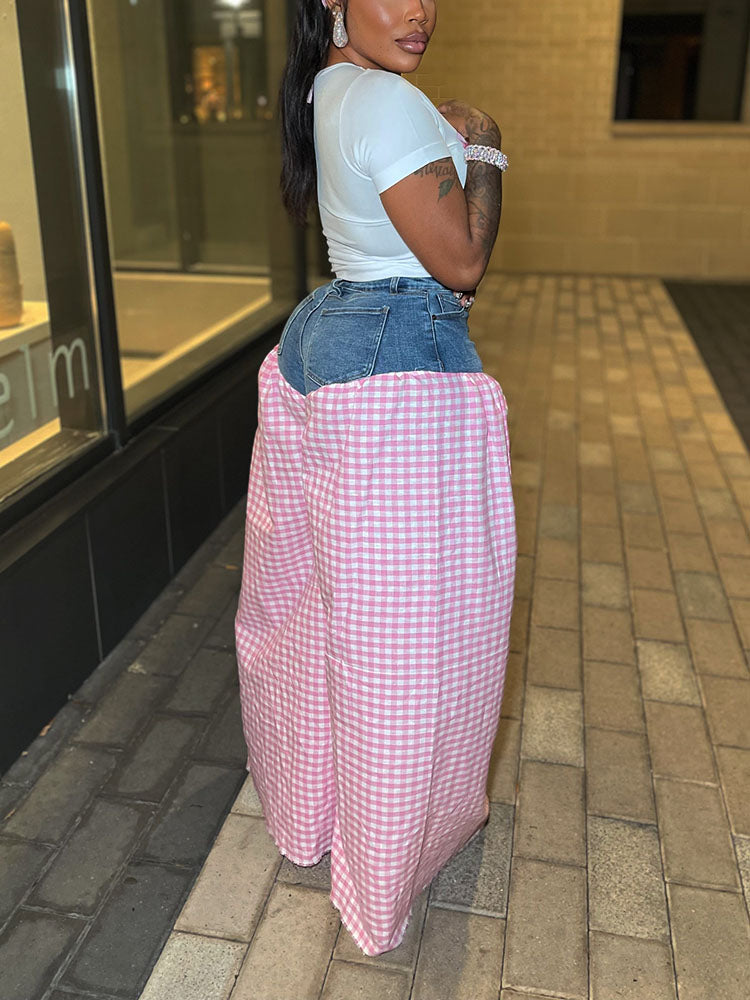 Bow Printed Top & Denim Gingham Pants Set