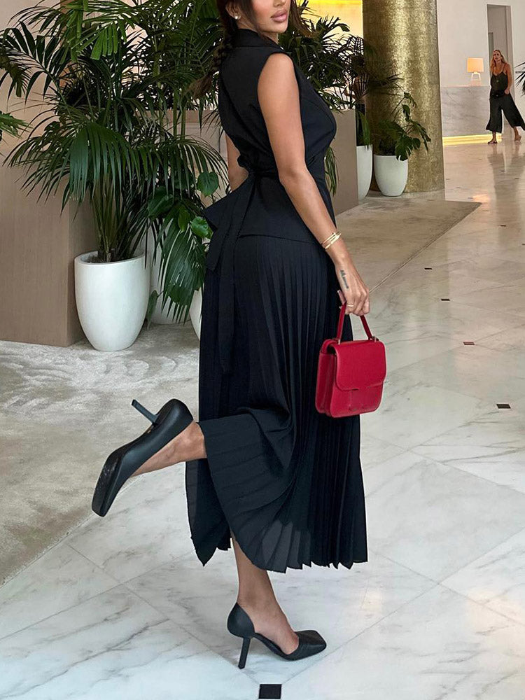 Sleeveless Blazer Pleated Maxi Skirt Set
