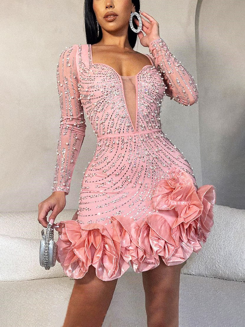 Rhinestone Pearl Ruffle Dress
