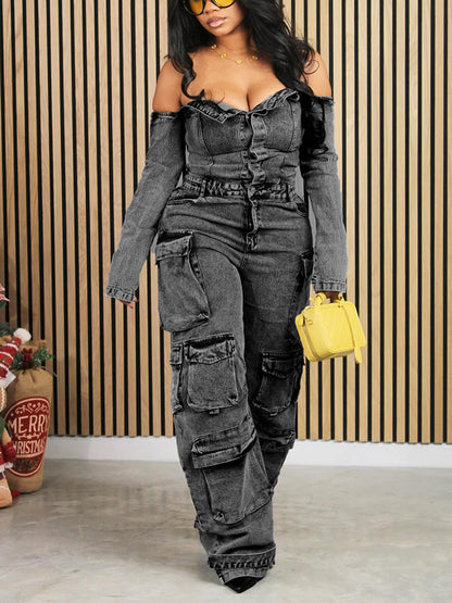 Off Shoulder Denim Cargo Jumpsuit