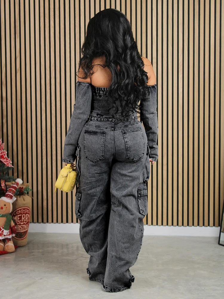 Off Shoulder Denim Cargo Jumpsuit