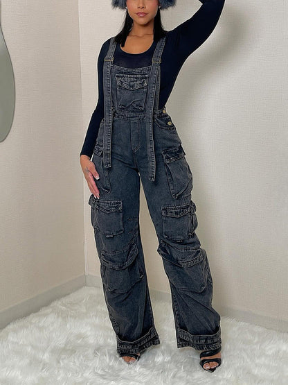 Denim Cargo Pocket Overalls