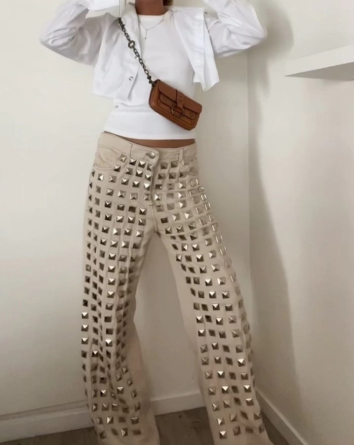 Studded Mid-Rise Baggy Jeans Tan