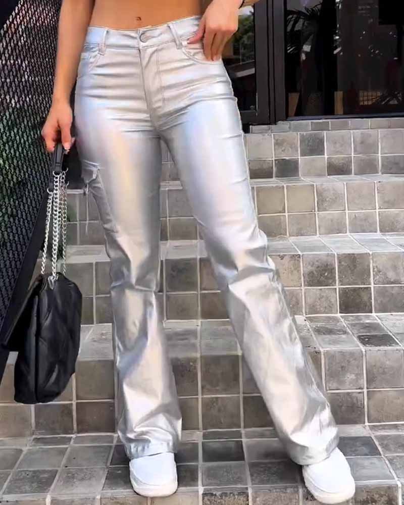 Eco-Leather Cargo Pants Silver