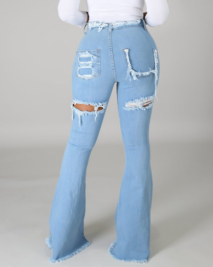 High-Waisted Broken Hole Flared Jeans