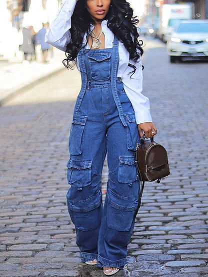 Denim Cargo Pocket Overalls