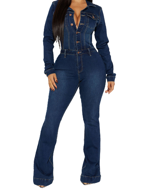 Elastischer ausgestellter Jeans-Jumpsuit