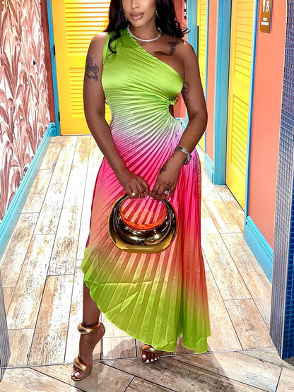 Gradient One Shoulder Pleated Dress
