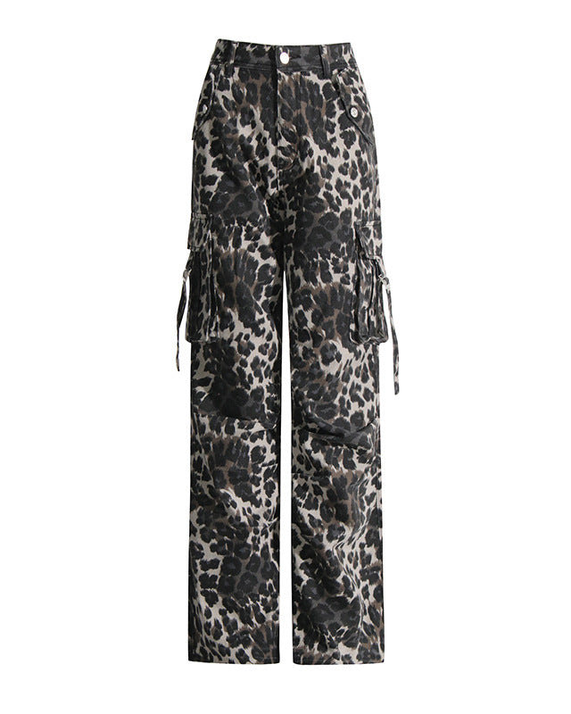 Leopard Print High-Rise Straight-Leg Cargo Pants With Pocket Jeans