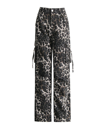 Leopard Print High-Rise Straight-Leg Cargo Pants With Pocket Jeans