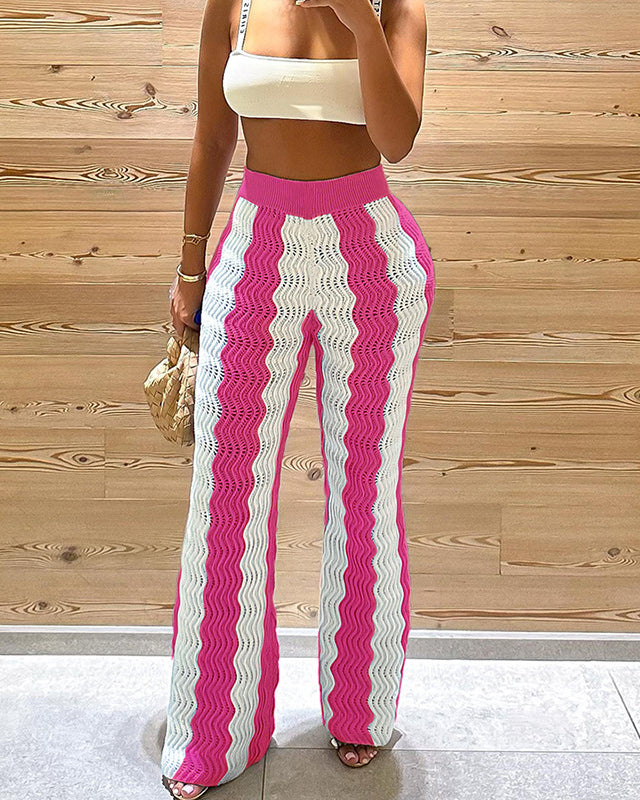 Wave Pattern Colorblock Knitted Wide Leg Casual Pants