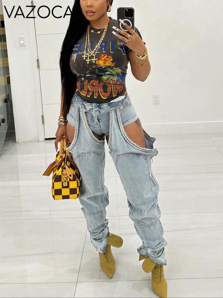Thigh High Double Denim Jeans Blue