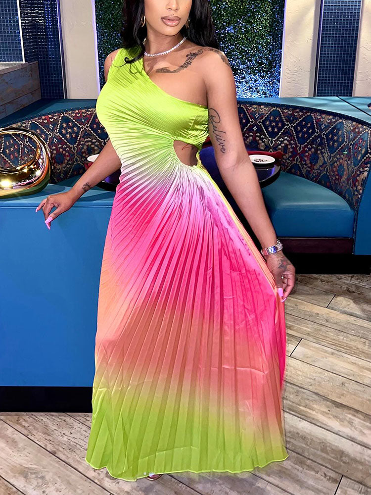 Gradient One Shoulder Pleated Dress
