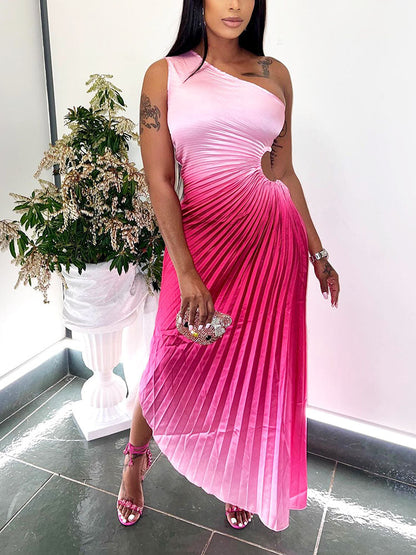 Gradient One Shoulder Pleated Dress