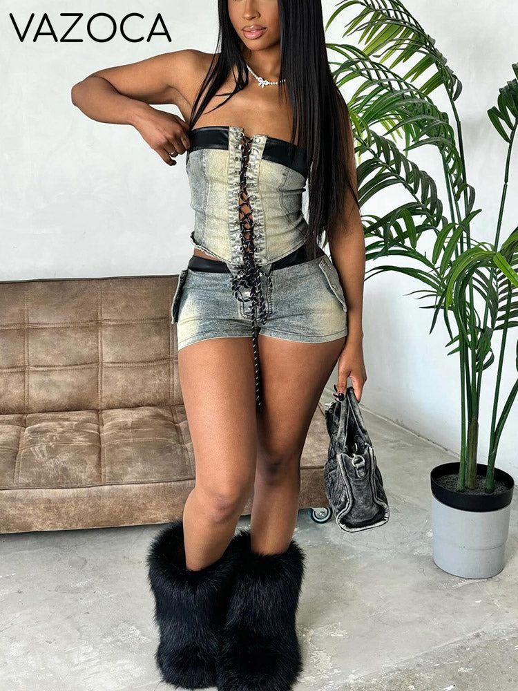Lace-Up Denim Shorts Set
