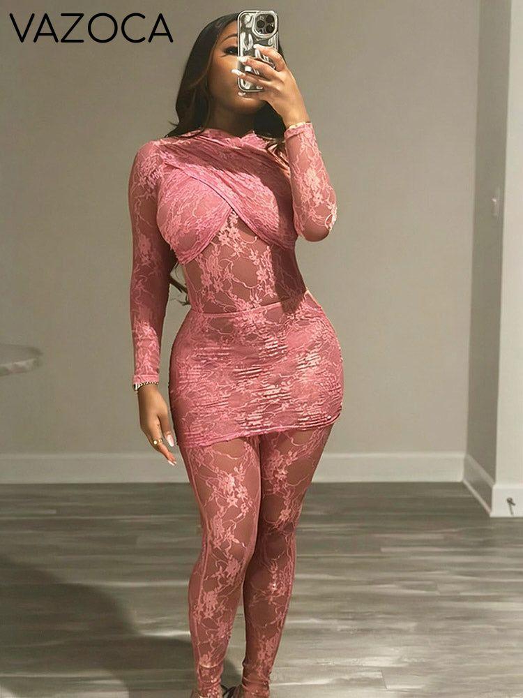 Floral Lace Mesh Top & Bodycon Pants Set