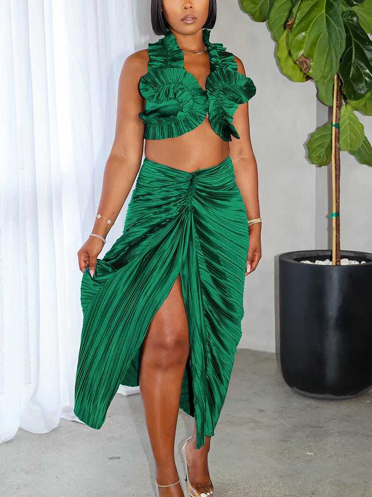 Satin Ruffle Crop Top & Skirt Set