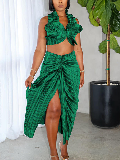 Satin Ruffle Crop Top & Skirt Set