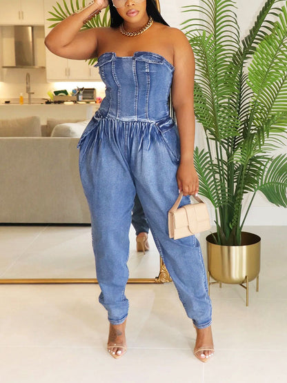 Strapless Ruched Denim Jumpsuit