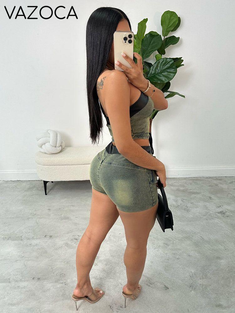 Lace-Up Denim Shorts Set