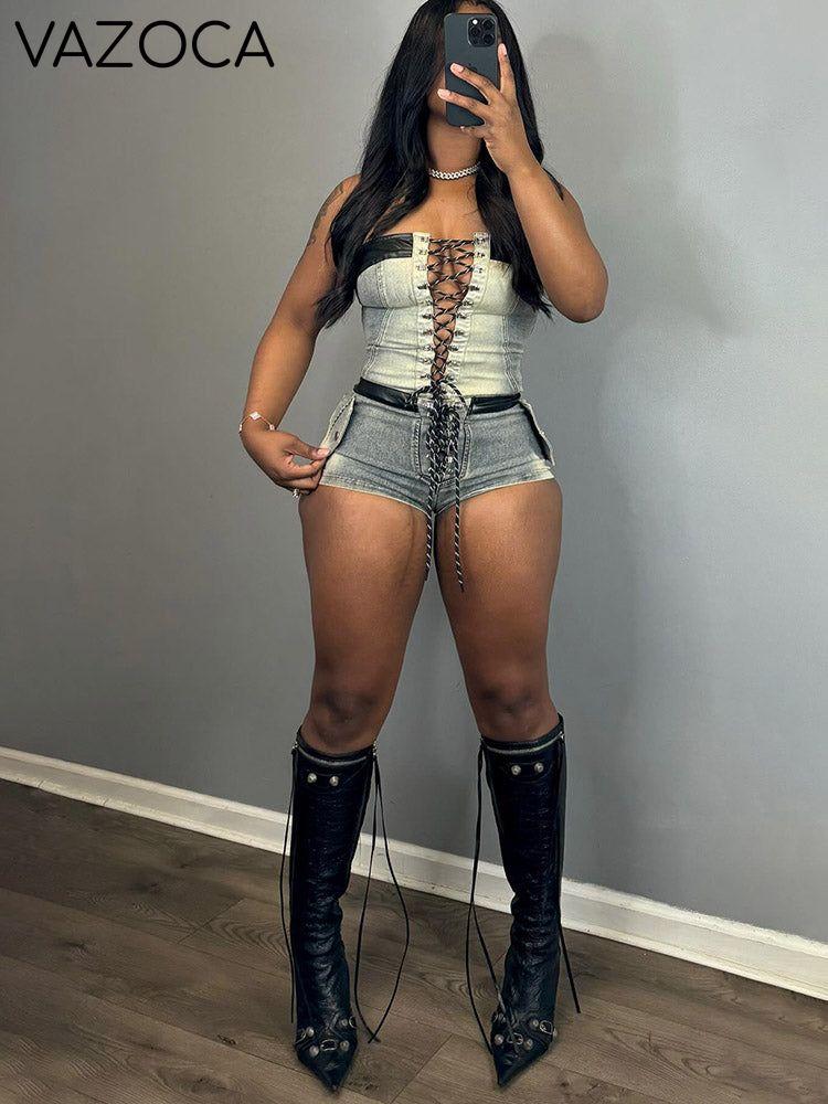 Lace-Up Denim Shorts Set