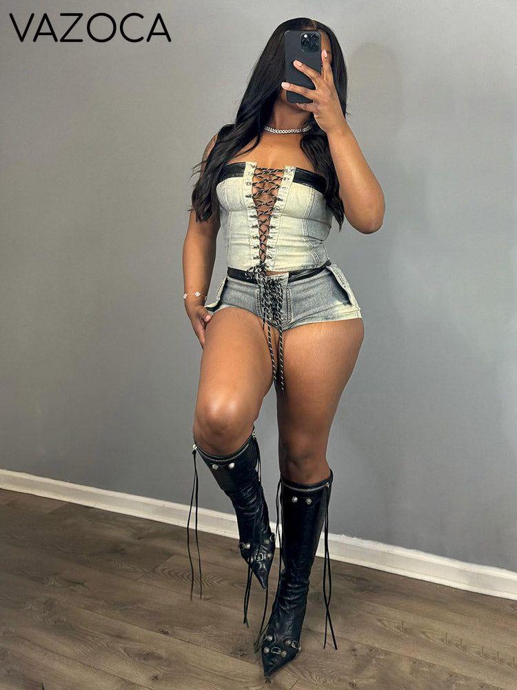Lace-Up Denim Shorts Set