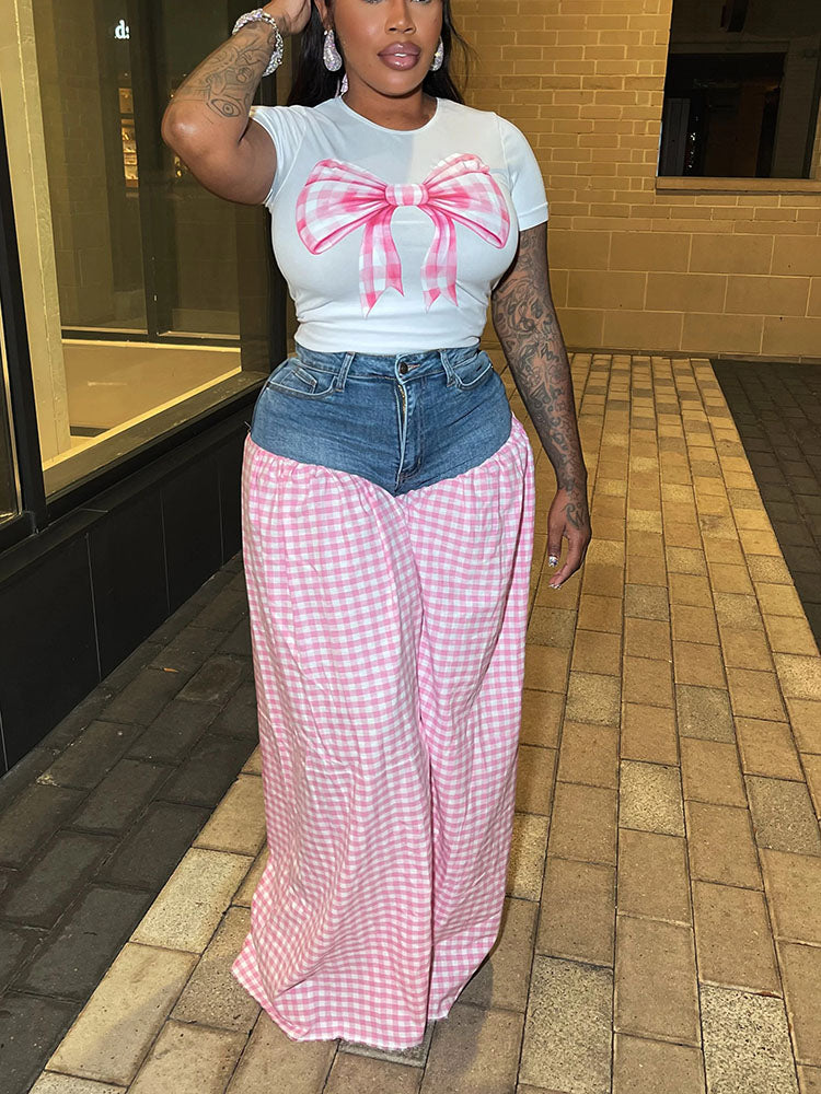 Bow Printed Top & Denim Gingham Pants Set