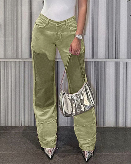 Contrast Color Patchwork High Waisted Loose Casual Jeans Olive