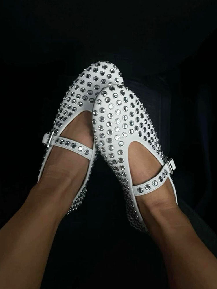 Rhinestone Leather Ballet Flats