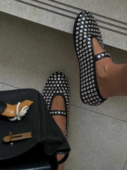 Rhinestone Leather Ballet Flats