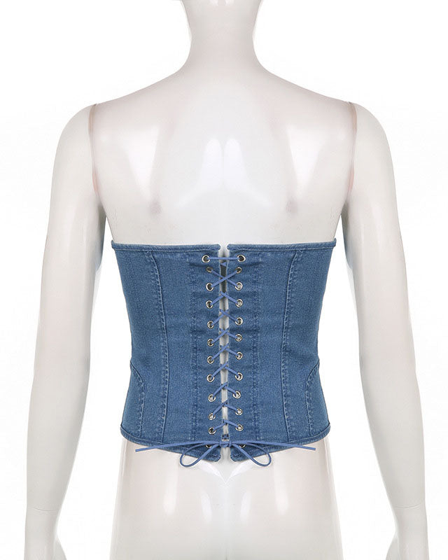 Wave Collar Herringbone Slim Fit Strap Solid Color Denim Tube Top Vest