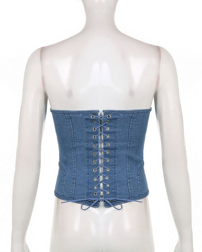 Wave Collar Herringbone Slim Fit Strap Solid Color Denim Tube Top Vest