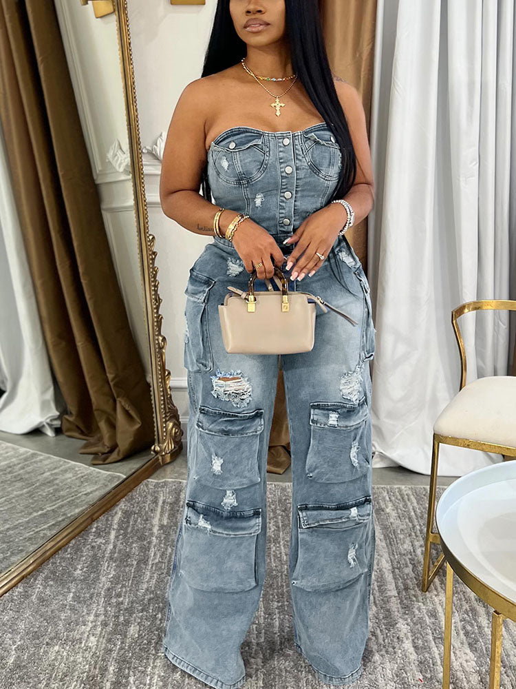 Strapless Cargo Denim Jumpsuit