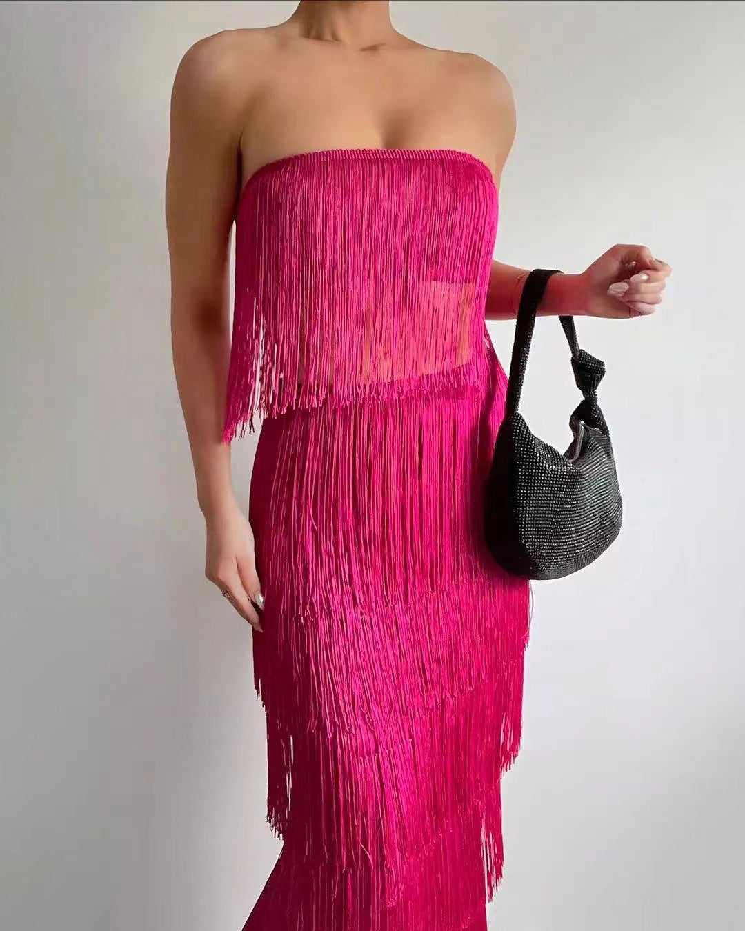 One-Shoulder Tube Top Two-Piece Fringed Skirt Set