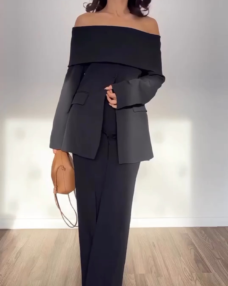 One-Shouldered Texture Long Sleeved Trousers Two-Piece Suit (Pre-Sale)