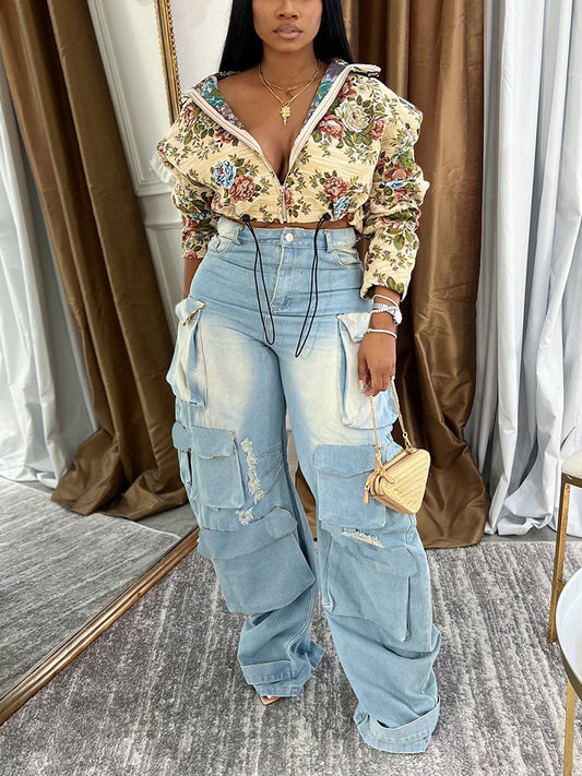 Vintage Floral Zip-Up Crop Jacket