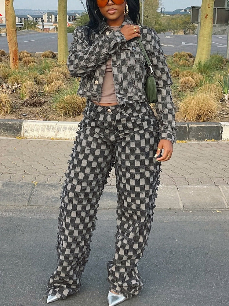 Classic Checkered Denim Jacket & Jeans Set