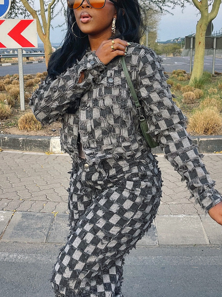 Classic Checkered Denim Jacket & Jeans Set