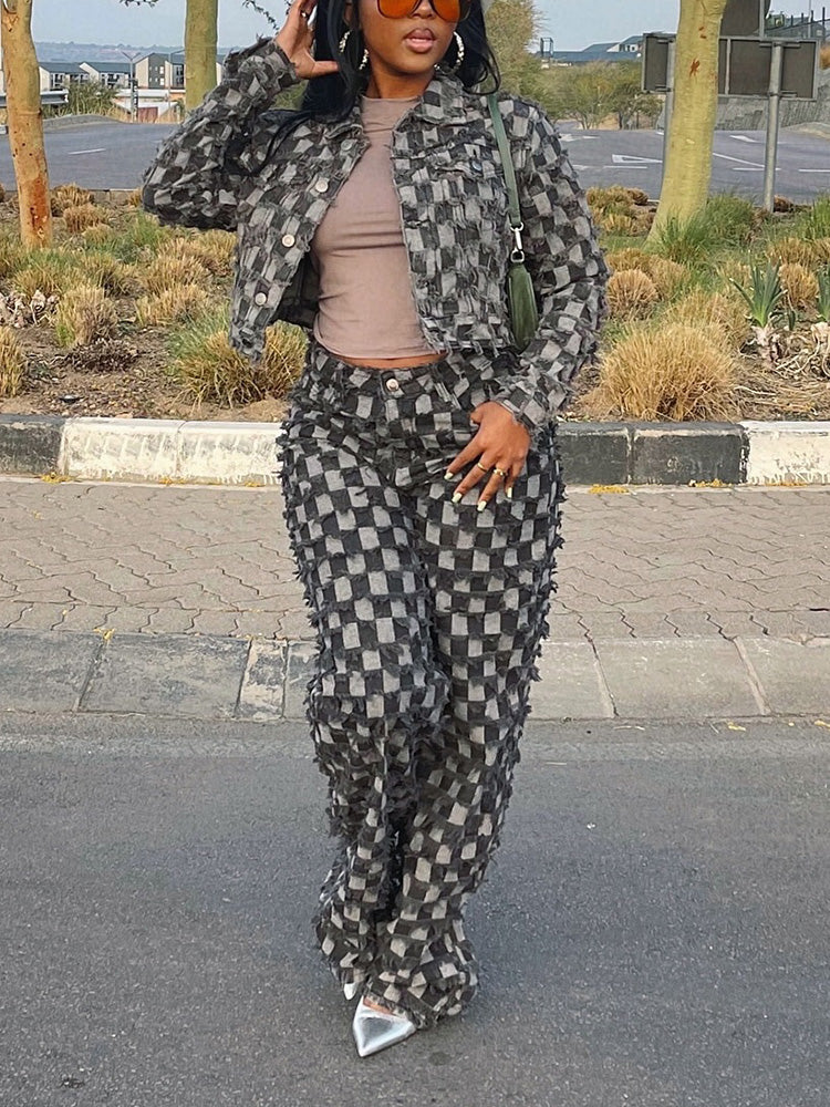 Classic Checkered Denim Jacket & Jeans Set