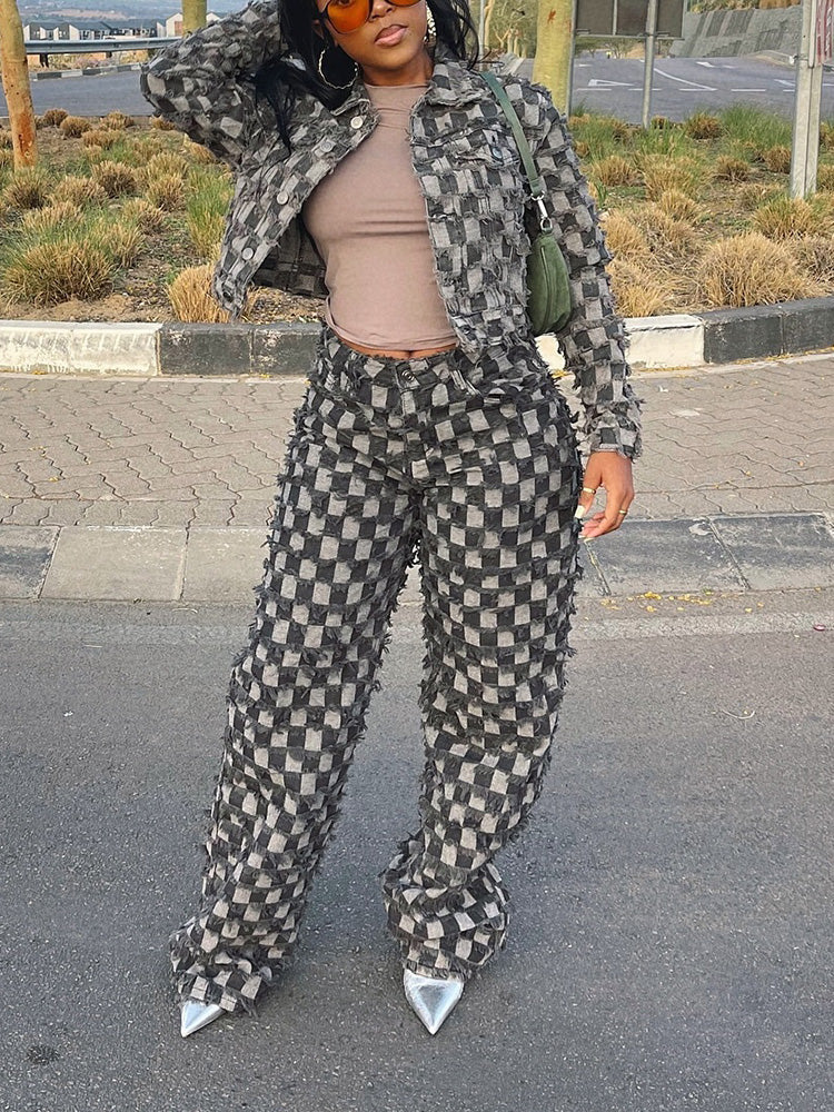 Classic Checkered Denim Jacket & Jeans Set