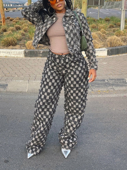 Classic Checkered Denim Jacket & Jeans Set