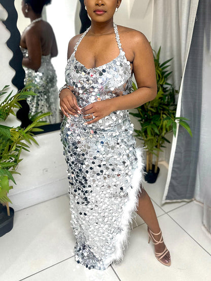 Sequin Fur Slit Dress