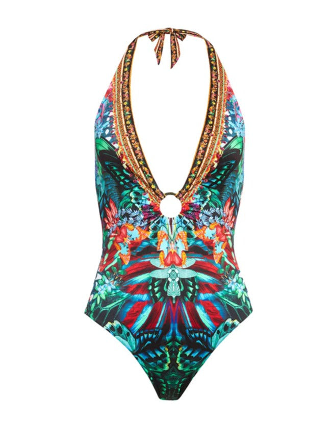 Vintage Butterfly Print Deep V One Piece Swimsuit And Cover up Only one piece