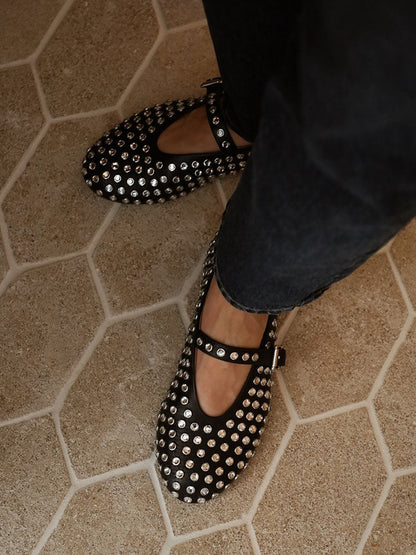 Rhinestone Leather Ballet Flats