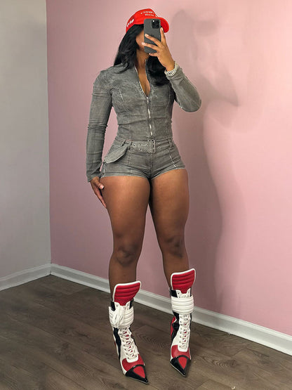 Denim Zip Up Top & Belt Shorts Set